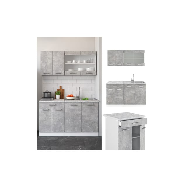 Vicco R-Line Singleküche Beton 140 cm AP Marmor ohne E-Geräte