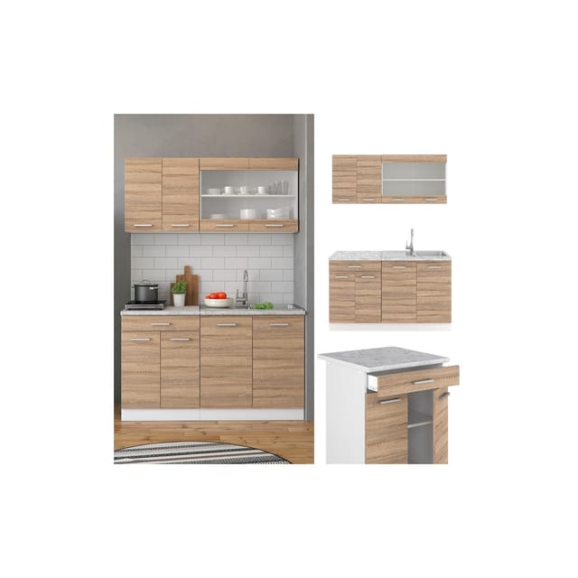 Vicco R-Line Singleküche Sonoma 140 cm AP Marmor ohne E-Geräte