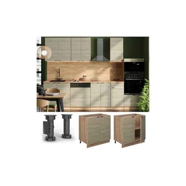 Vicco Küchenschrank Fame-Line Eiche Paneel 80 cm mit Regal AP Marmor
