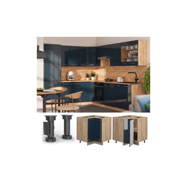Vicco Eckunterschrank Fame-Line Dunkelblau Hochglanz/Goldkraft Eiche 81 cm AP Marmor