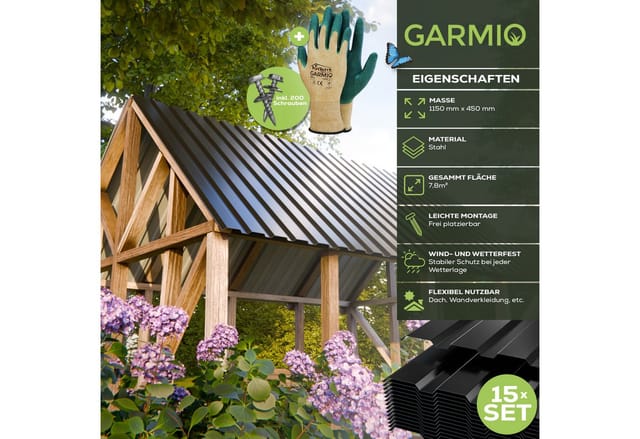 Garmio Profilblech Set 15 Stück Dachblech 115x45 Verzinkter Stahl Schwarz