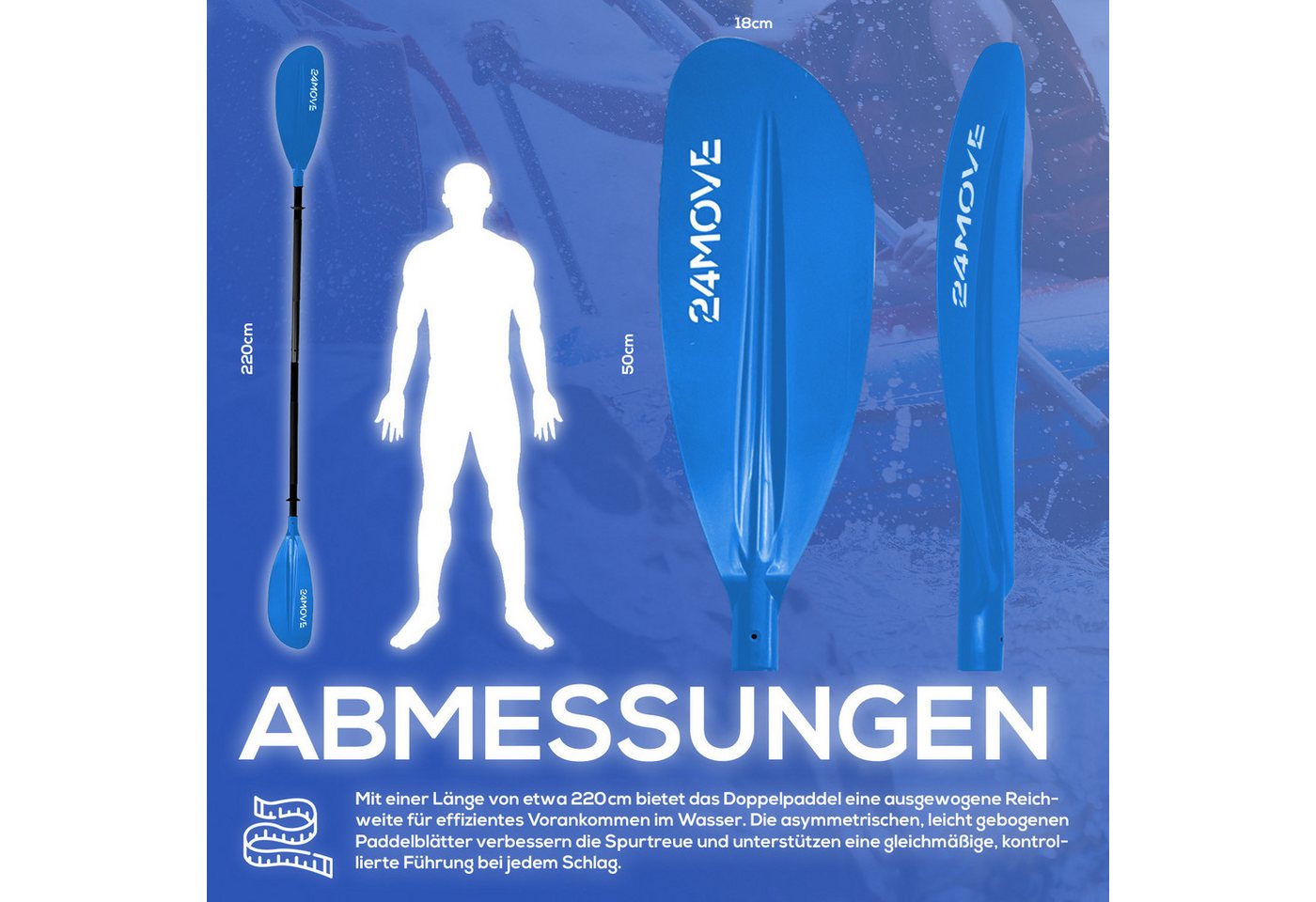 24MOVE Doppelpaddel Aluminium Paddel Stand-Up Paddling Kajak 220CM Verstellbar Blau Bild 2