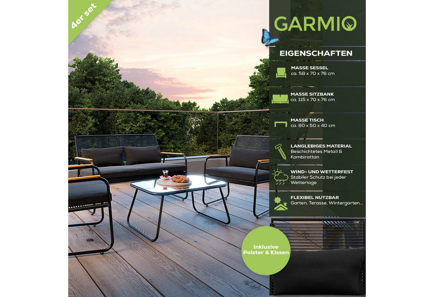 GARMIO Polyrattan Gartenmöbel Set 4-teilig Sitzbank Stühle Glastisch