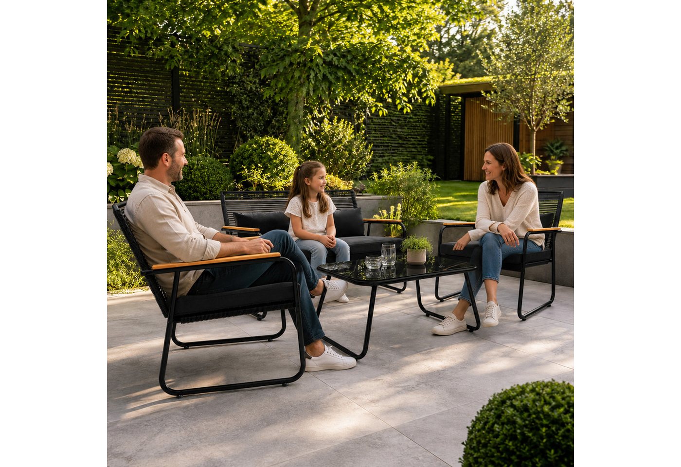 GARMIO Polyrattan Gartenmöbel Set 4-teilig Sitzbank Stühle Glastisch Bild 2