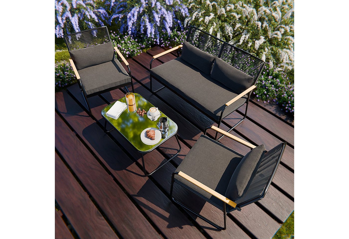 GARMIO Polyrattan Gartenmöbel Set 4-teilig Sitzbank Stühle Glastisch Bild 5