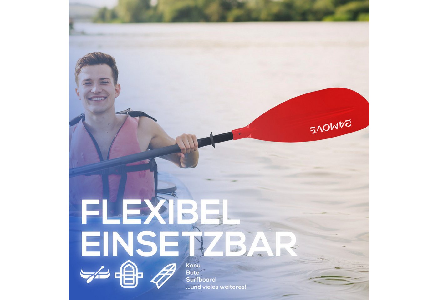 24MOVE Doppelpaddel Aluminium Paddel Stand-Up Paddling Kajak 220CM Verstellbar Rot Bild 3