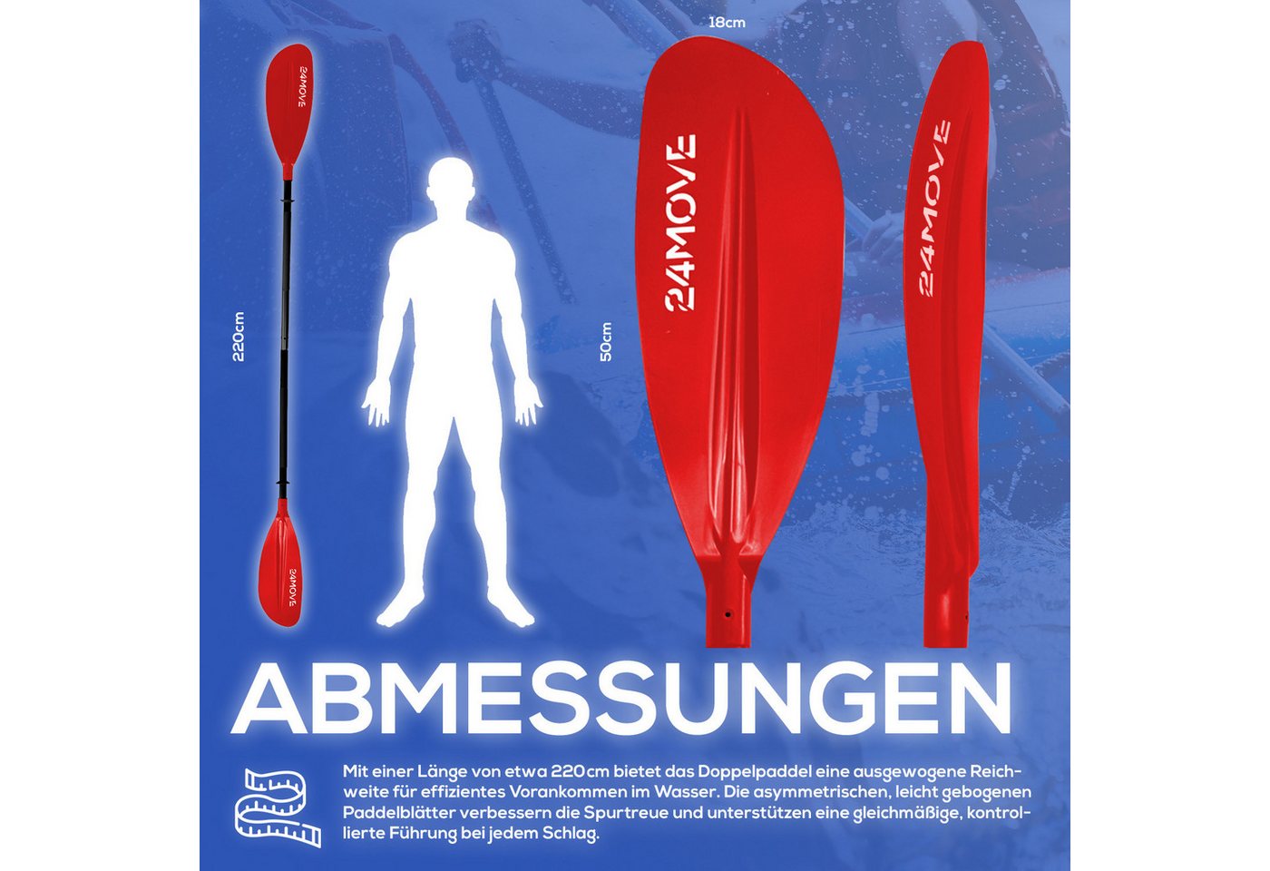 24MOVE Doppelpaddel Aluminium Paddel Stand-Up Paddling Kajak 220CM Verstellbar Rot Bild 4