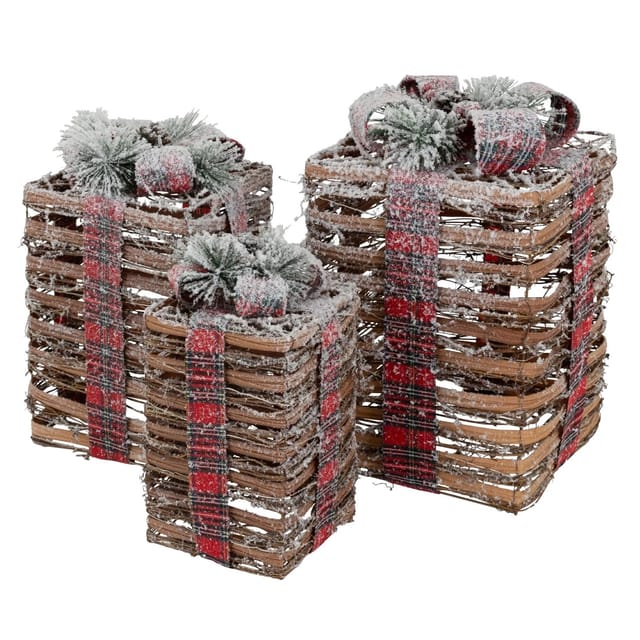 ECD Germany 3Er Set LED Geschenkboxen Braun Rattan Geschneit mit Timer