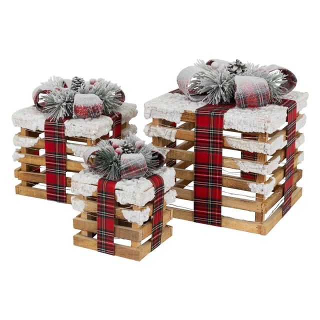 ECD Germany 3Er Set LED Geschenkboxen Braun Holz Geschneit mit Timer