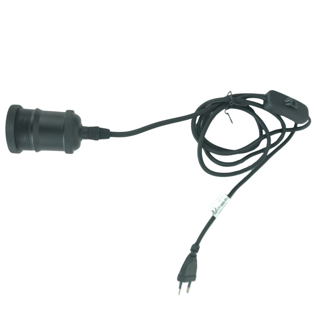 E27 Fassungsset Schwarz Mit Schwarzem Textilkabel 1,8 M, Schalter Und Stecker