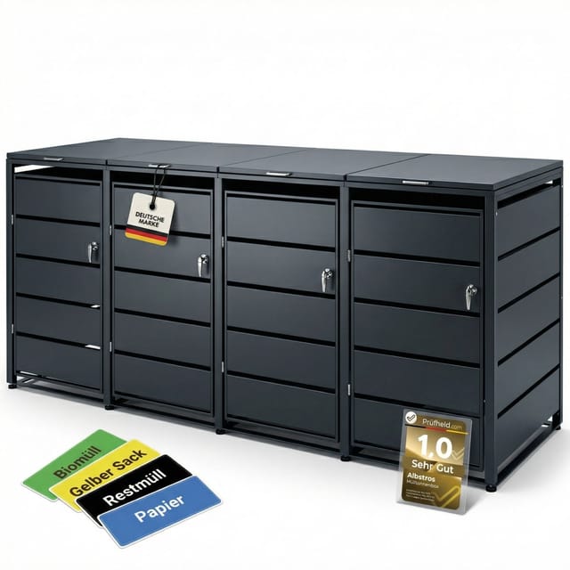Albatros Mülltonnenbox 4er Tonne bis 240 Liter Anthrazitgrau RAL 7016 verzinkter Stahl Premium Dämpfer Aufkleber-Set wetterfest