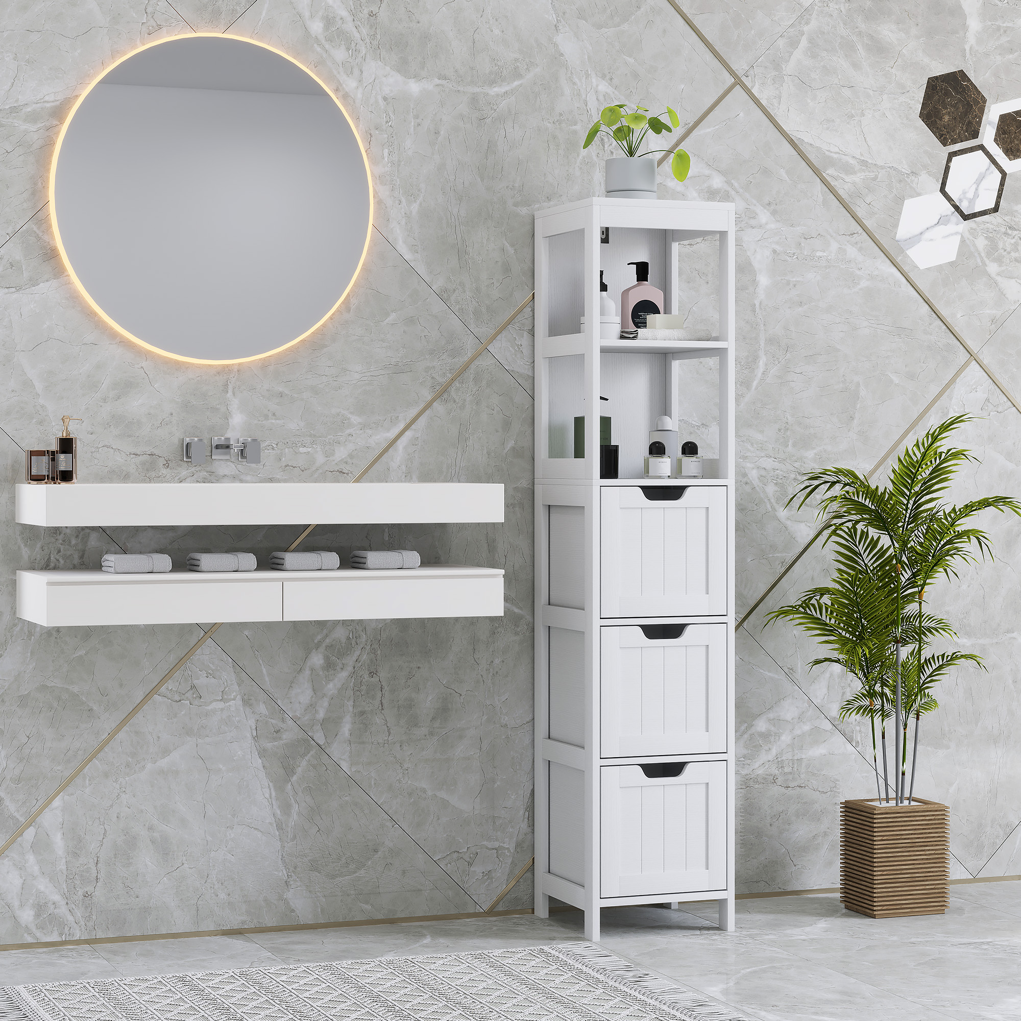 Badezimmerschrank Badschrank, Bad Hochschrank Mit 3 Schubladen, 2 Offenen Fächern, Aufbewahrungsschrank Für Badezimmer, Wohnzimmer, Weiß, 30 X 30 X 142,4 Cm