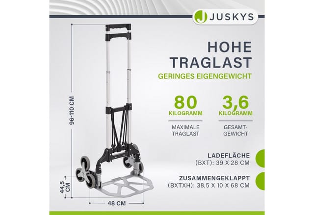 Juskys Klappbare Treppensackkarre mit Handschuhen und Zwei Packbändern