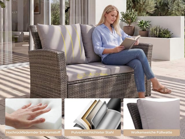 MeXo Poly Rattan Balkonmöbel Set für 4 Personen Grau