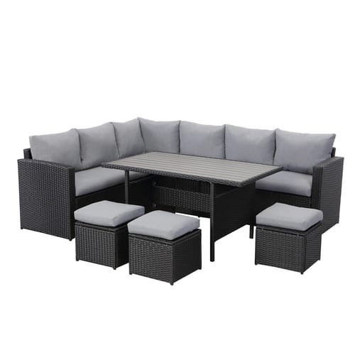 MeXo XXL Gartenlounge Set aus Polyrattan mit Esstisch für 8 Personen Schwarz