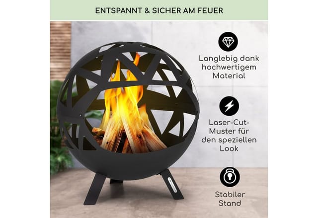 Blumfeldt Colima Feuerschale Ø 66 cm Kugelform mit Holzkohlerost & Ascheschale Geometrisch Schwarz