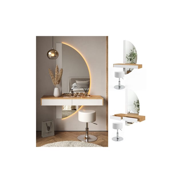 Vicco Schminktisch Melisa Weiß/Eiche 120 cm mit LED Beleuchtung und Hocker