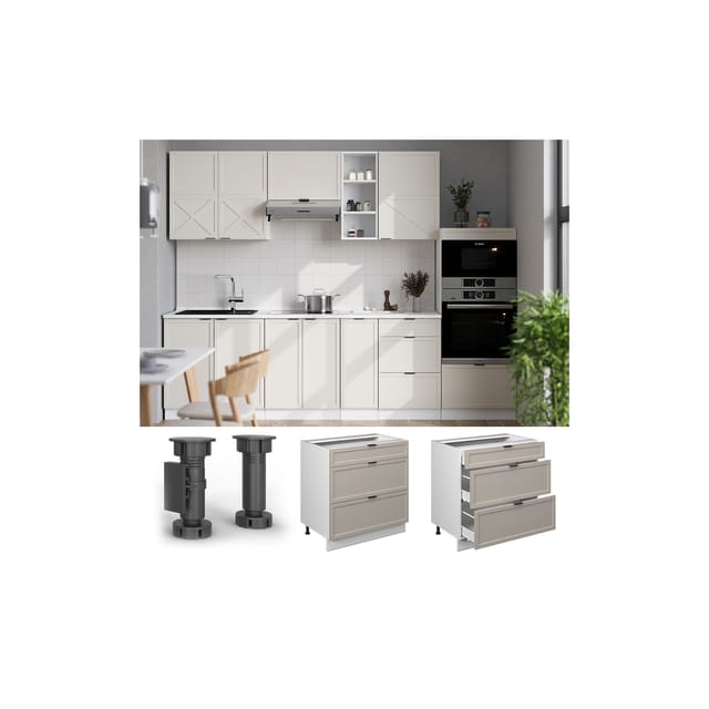 Vicco Küchenunterschrank Fame-Line GrauBeige 80 cm mit 3 Schubladen AP Marmor mit Weiß Korpus
