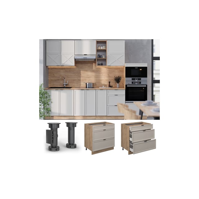Vicco Küchenunterschrank Fame-Line GrauBeige 80 cm mit 3 Schubladen AP Marmor mit Goldkraft Eiche Korpus