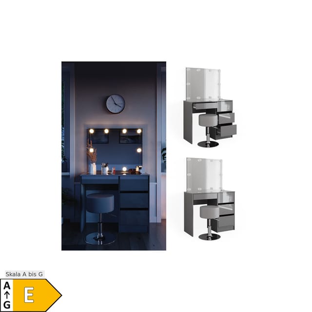 Vicco Schminktisch Sherry Grau/Grau Hochglanz 90 cm mit LED Beleuchtung und Hocker Opt 2