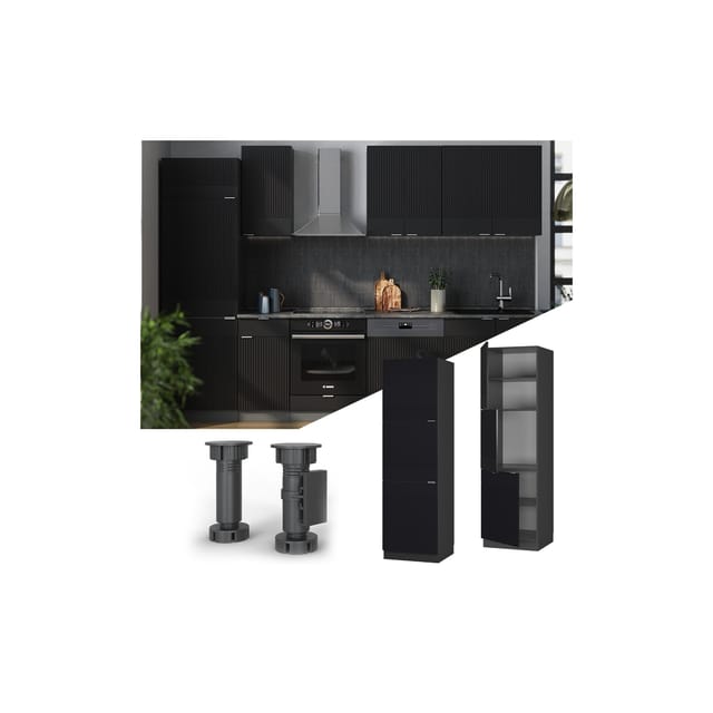 Vicco Herdumbauschrank Fame-Line Schwarz Gestreift 60 cm mit Anthrazit Korpus