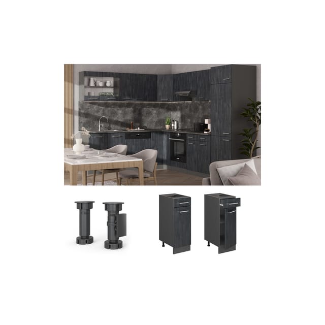 Vicco Küchenunterschrank R-Line Schubladenschrank für die Küche Schwarz Beton 30 cm AP Anthrazit mit Anthrazit Korpus