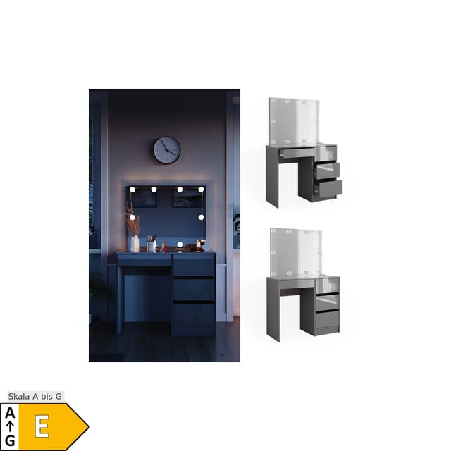 Vicco Schminktisch Sherry Grau/Grau Hochglanz 90 cm mit LED Beleuchtung und Hocker