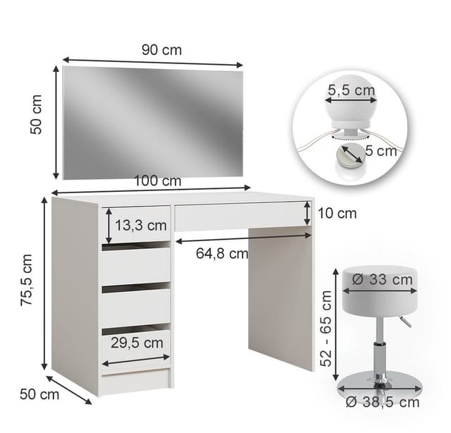 Vicco Schminktisch Thalia Weiß 100 cm mit LED Beleuchtung und Hocker