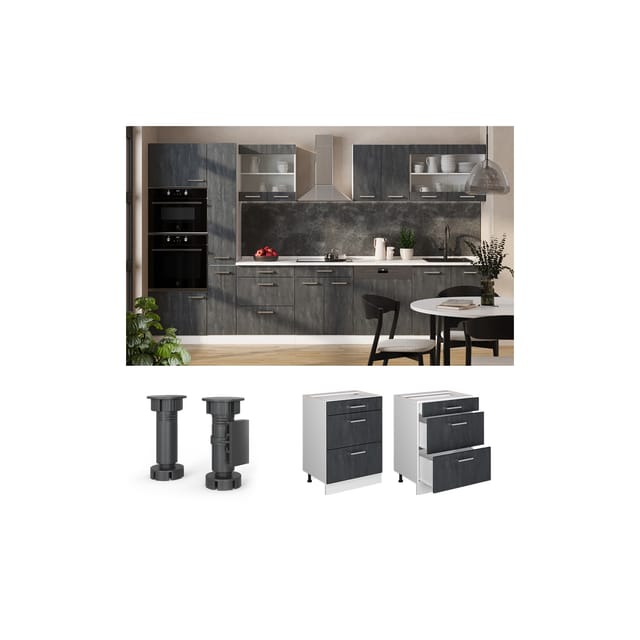 Vicco Schubladenschrank R-Line Schubladenschrank für die Küche Schwarz Beton 60 cm AP Marmor mit Weiß Korpus