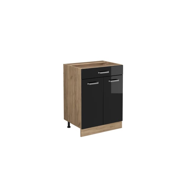 Vicco Küchenunterschrank R-Line Schwarz Hochglanz 60 cm mit Schublade ohne Arbeitsplatte mit Goldkraft Eiche Korpus
