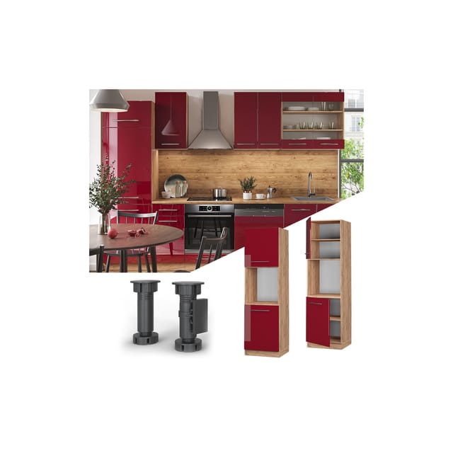 Vicco Herdumbauschrank Fame-Line Bordeaux Hochglanz/Goldkraft Eiche 60 cm Offen