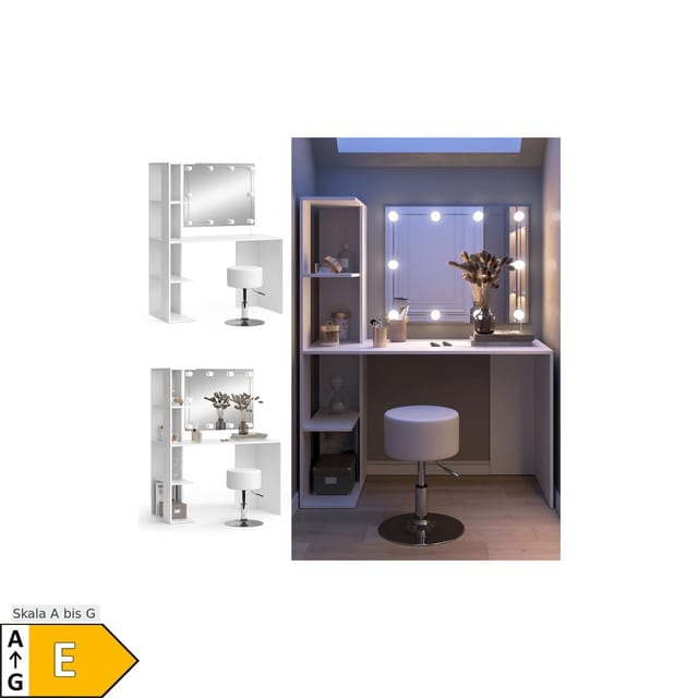 Vicco Schminktisch Tower Weiß 122 cm mit Beleuchtung und Hocker