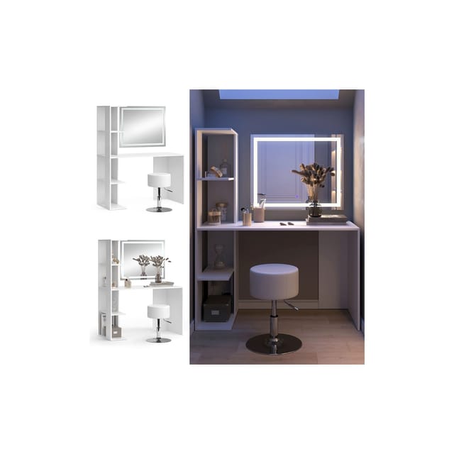 Vicco Schminktisch Tower Weiß 122 cm mit Beleuchtung und Hocker Opt 2