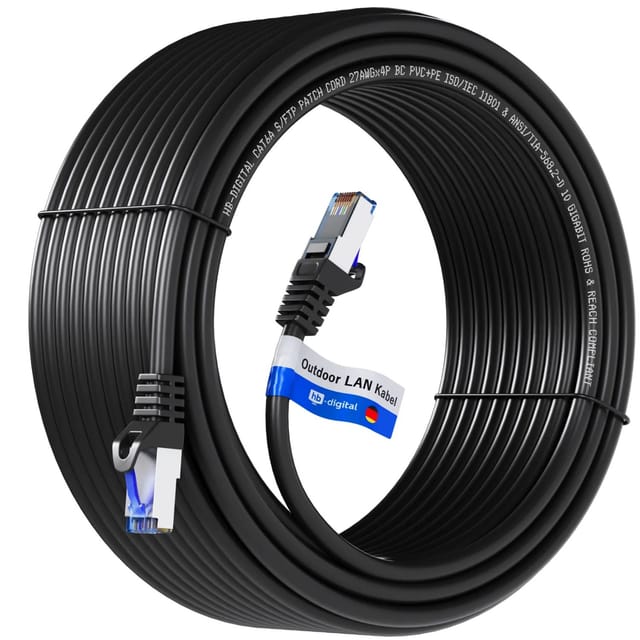 hb-digital 60m GHMT Zertifiziertes LAN Kabel CAT 6a RJ45 S/FTP PVC+PE für Außenbereich Schwarz