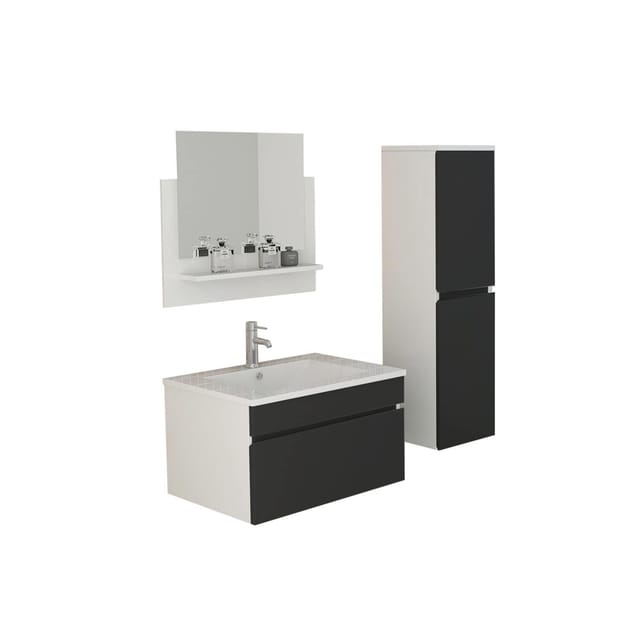 Jet-Line Badset Gastein 3-teilig in Schwarz Waschbecken/Unterschrank/Hochschrank/Spiegel mit Ablage