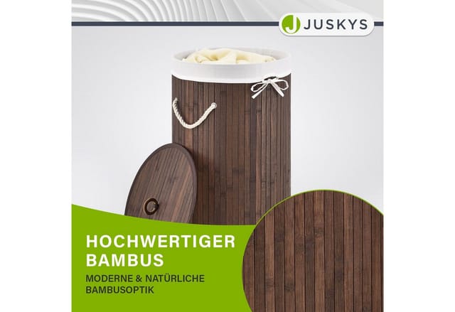 Juskys Bambus Wäschekorb Curly Round Braun mit Wäschesack und Tragegriffen