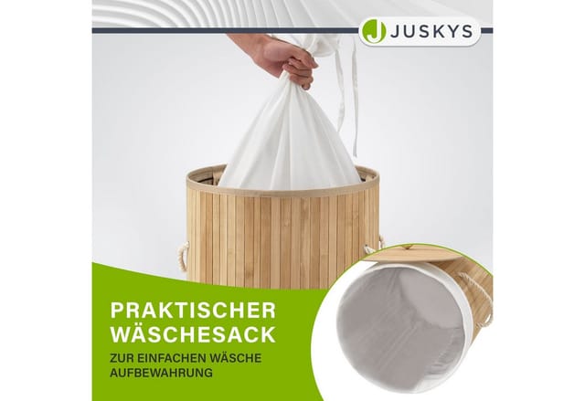 Juskys Bambus Wäschekorb Curly Round Natur mit Wäschesack und Tragegriffen
