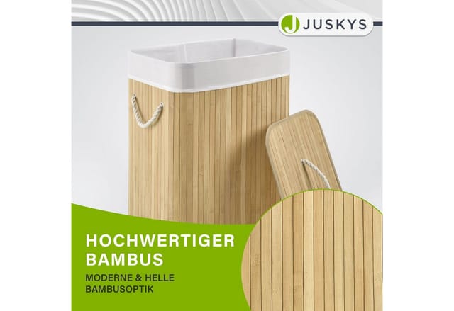 Juskys Bambus Wäschekorb Curly 72 Liter Natur mit Wäschesack und Tragegriffen