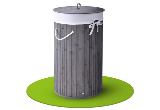 Juskys Bambus Wäschekorb Curly Round Grau mit Wäschesack und Tragegriffen