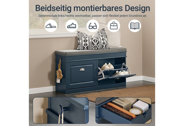 SoBuy Schuhbank Schmal mit 2 Klappen Garderobenbank mit Sitzkissen Blau FSR64-B