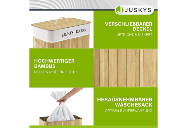 Juskys Bambus Wäschekorb Curly 100 Liter Natur mit Wäschesack und Tragegriffen