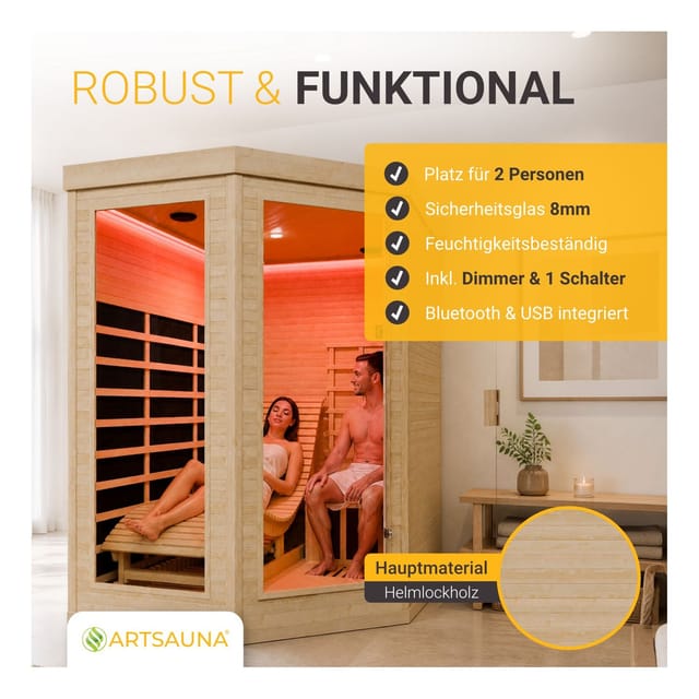 Artsauna Infrarotkabine Wärmekabine Kolding mit Triplex Heizsystem und Hemlockholz