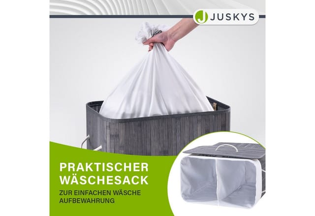 Juskys Bambus Wäschekorb Curly 100 Liter Grau mit Wäschesack und Tragegriffen