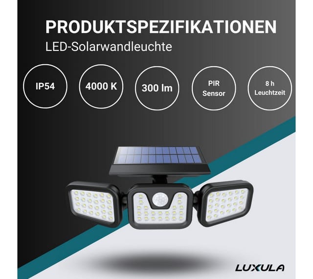 LUXULA LED Solar Wandleuchte 300lm 4000K Neutralweiß Bewegungsmelder 3 Köpfe IP54