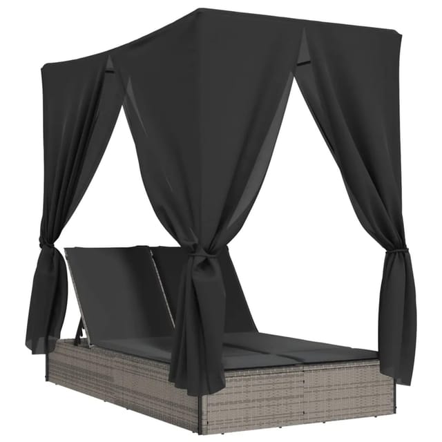 vidaXL Doppel-Sonnenliege mit Dach und Vorhängen Grau Poly Rattan 368074