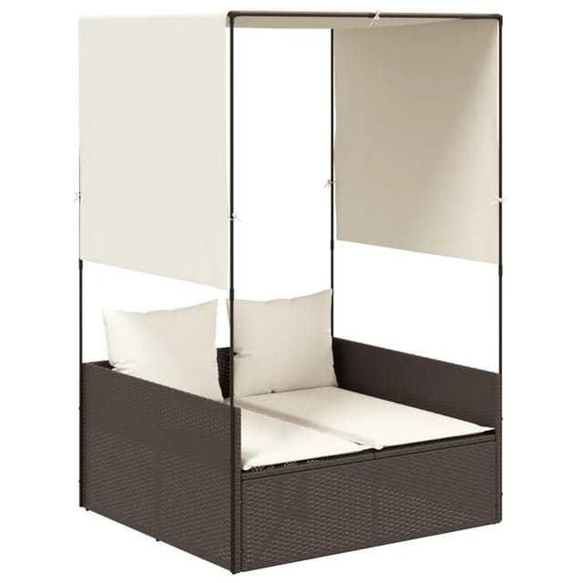 vidaXL Doppel-Sonnenliege mit Dach und Vorhängen Braun Poly Rattan 4002756