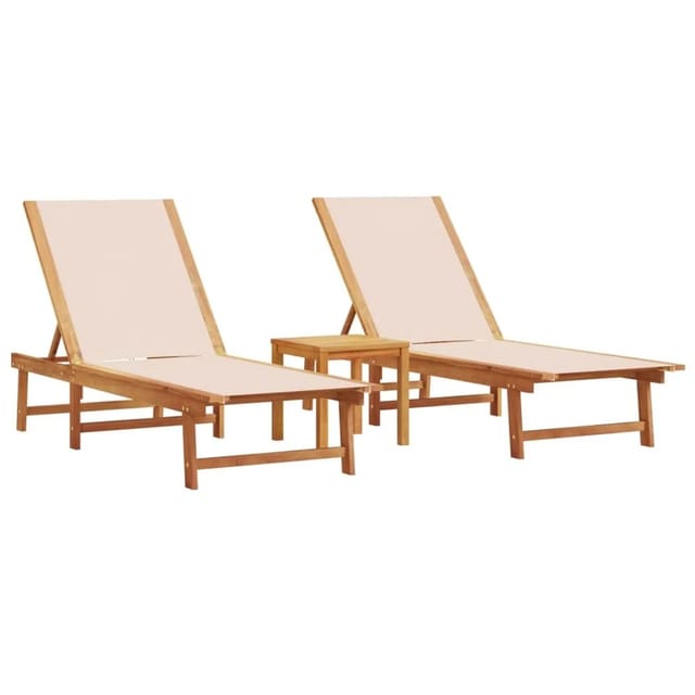 vidaXL Sonnenliegen 2 Stk mit Tisch Creme Massivholz Akazie Textilene 3279252
