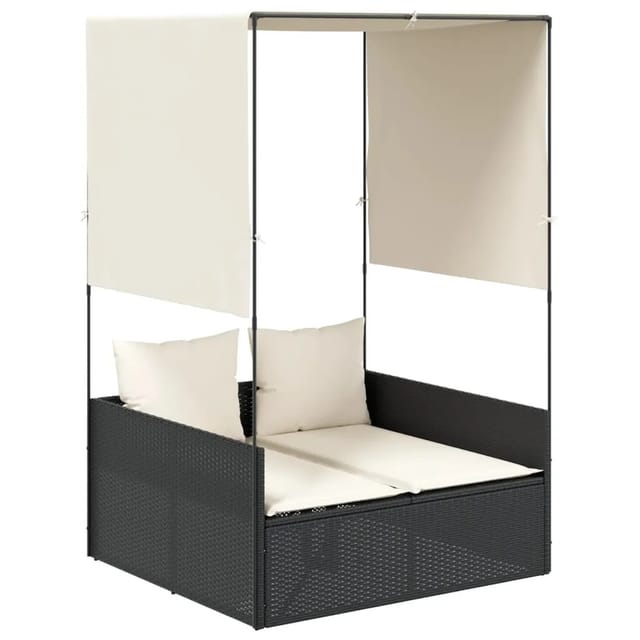 vidaXL Doppel-Sonnenliege mit Dach und Vorhängen Schwarz Poly-Rattan 4002755