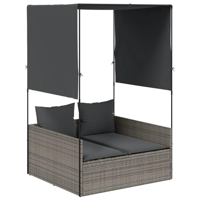 vidaXL Doppel-Sonnenliege mit Dach und Vorhängen Grau Poly Rattan 4002757