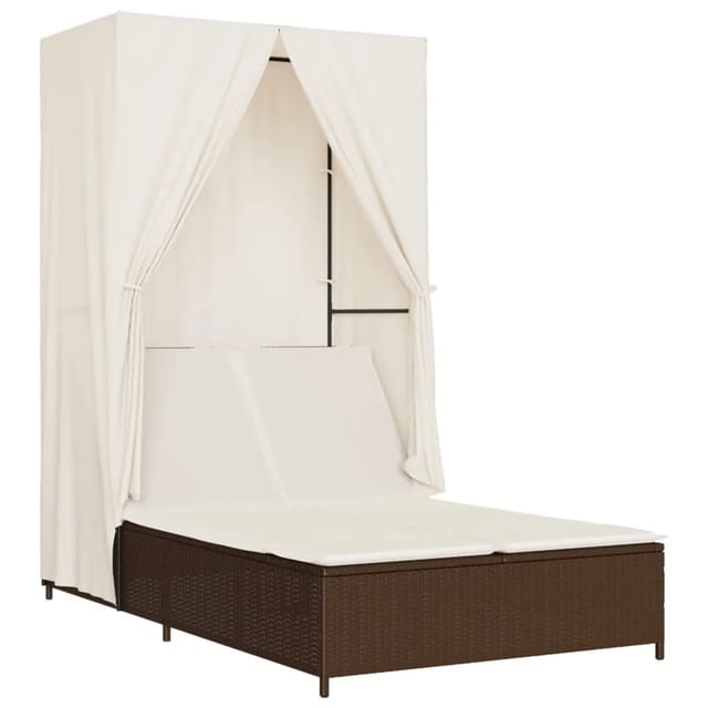 vidaXL Doppel-Sonnenliege mit Dach und Vorhängen Braun Poly Rattan 368100